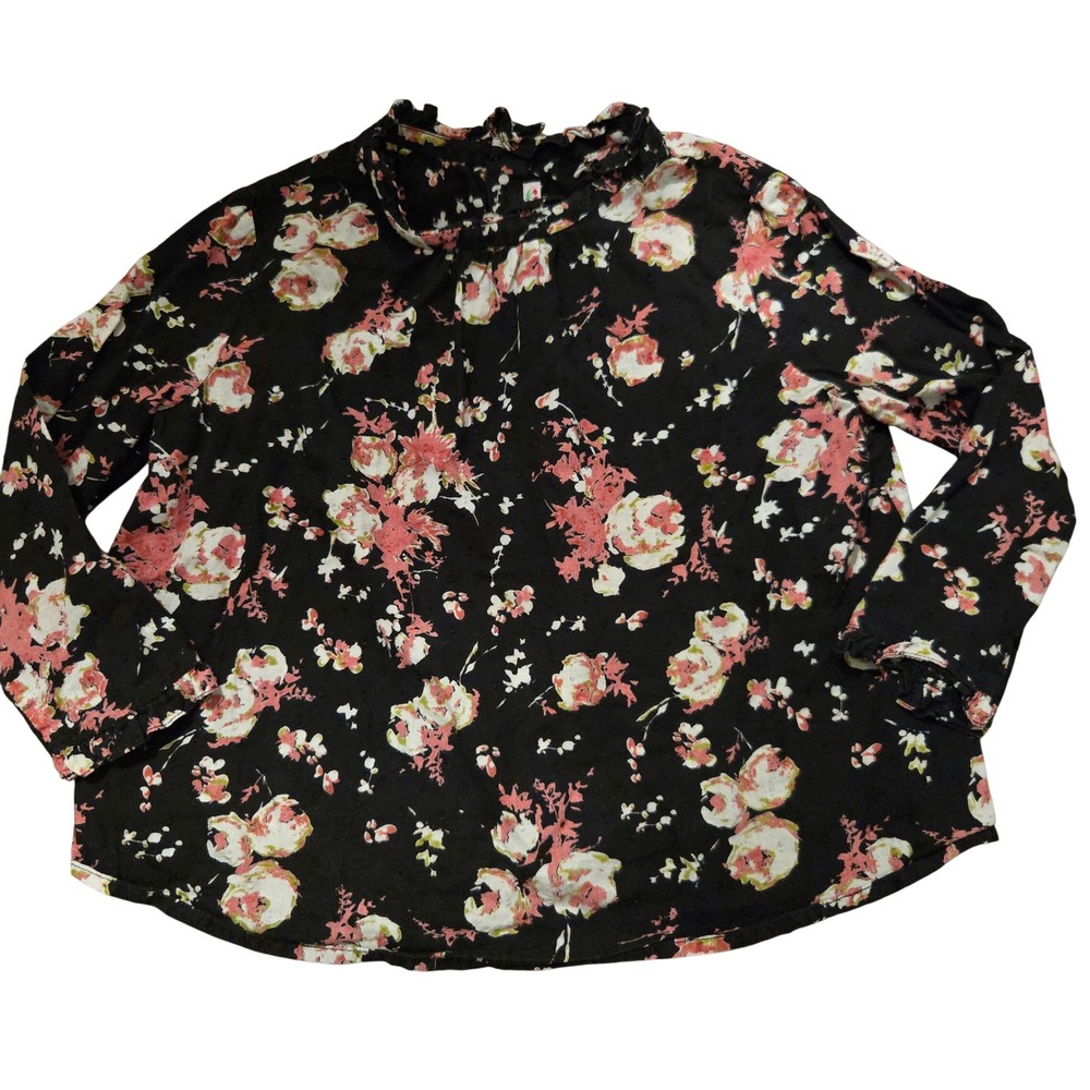 Bonpoint Girls Black Floral Ruffle Collar Long Sleeve Cotton Blouse Size 4